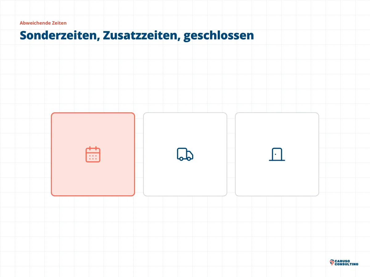 Drei Kacheln mit Kalender, Lieferwagen und Tür für besondere Öffnungszeiten, Zusatzzeiten und Schließung, der Kalender ist markiert