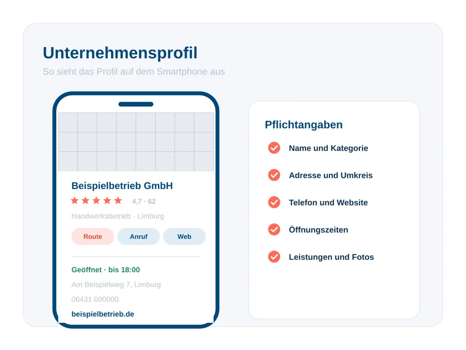 Schematisches Unternehmensprofil auf einem Smartphone mit Liste der Pflichtangaben