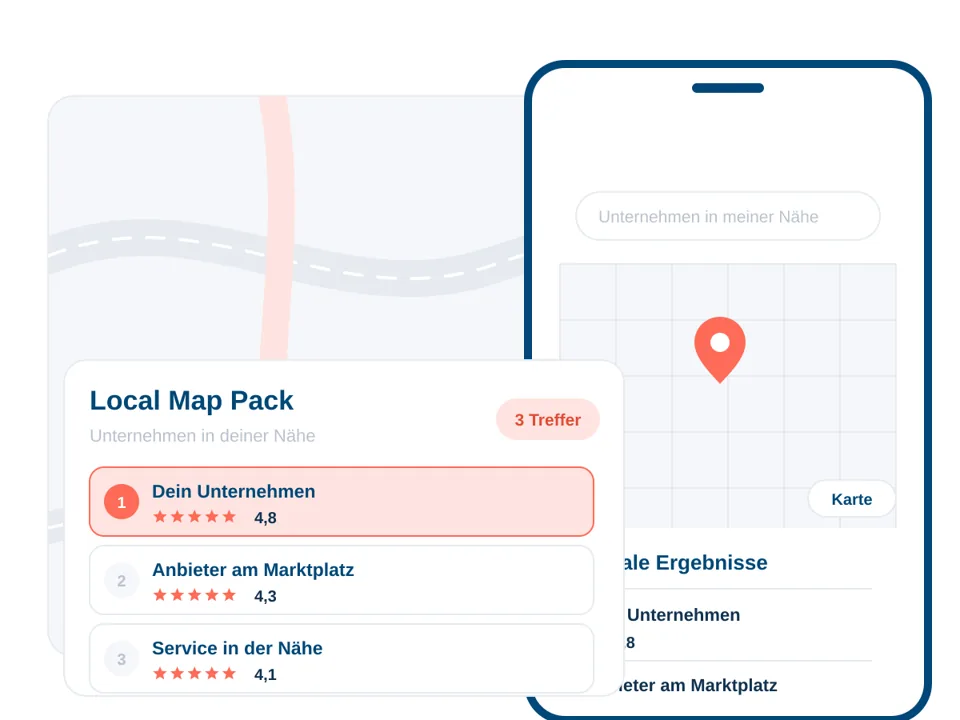 Local Map Pack mit drei Treffern neben der Kartenansicht auf dem Smartphone